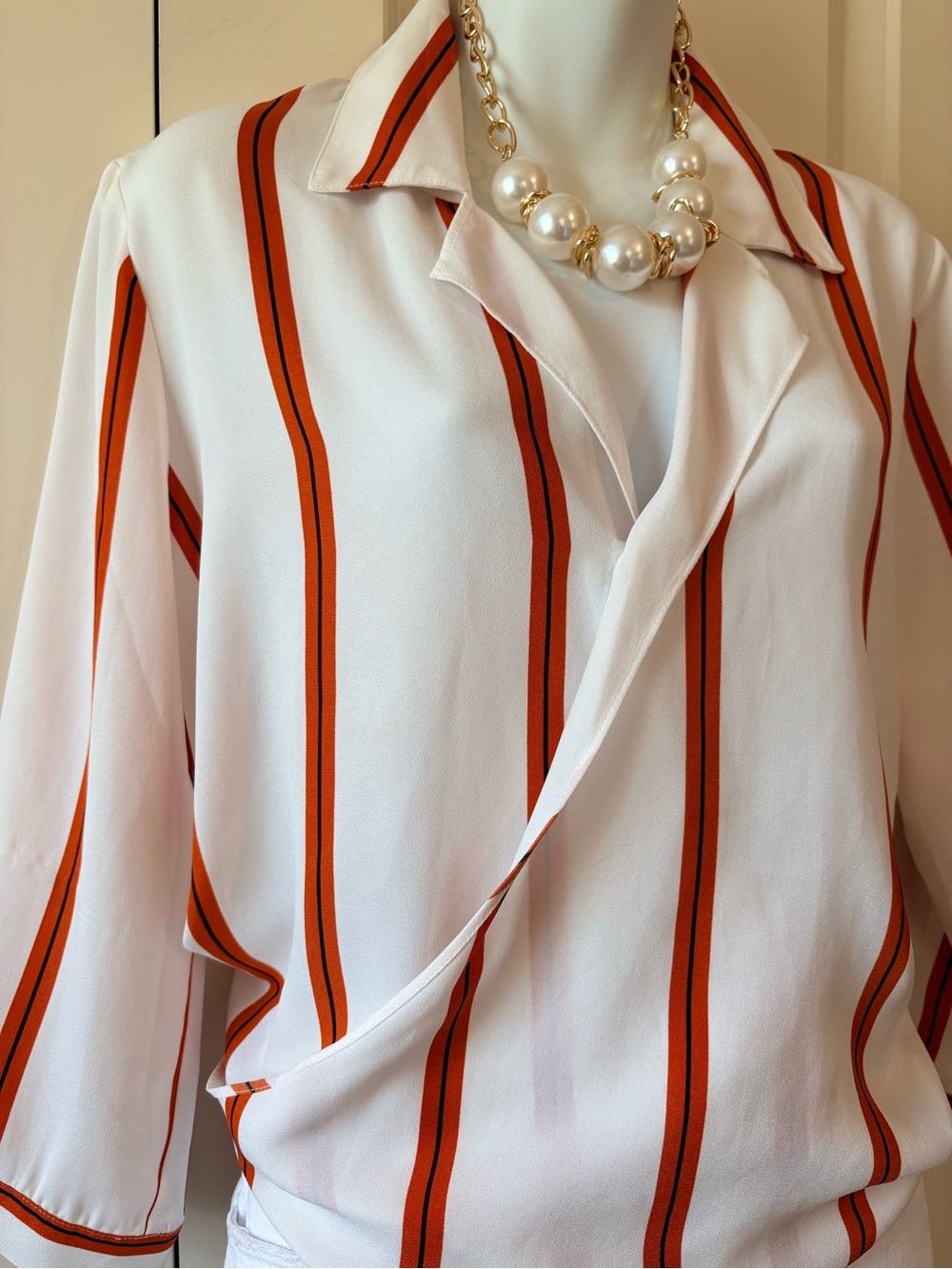 Madison White Blouse with Orange Stripes, size M, necklace, not included - Picture 2 of 5